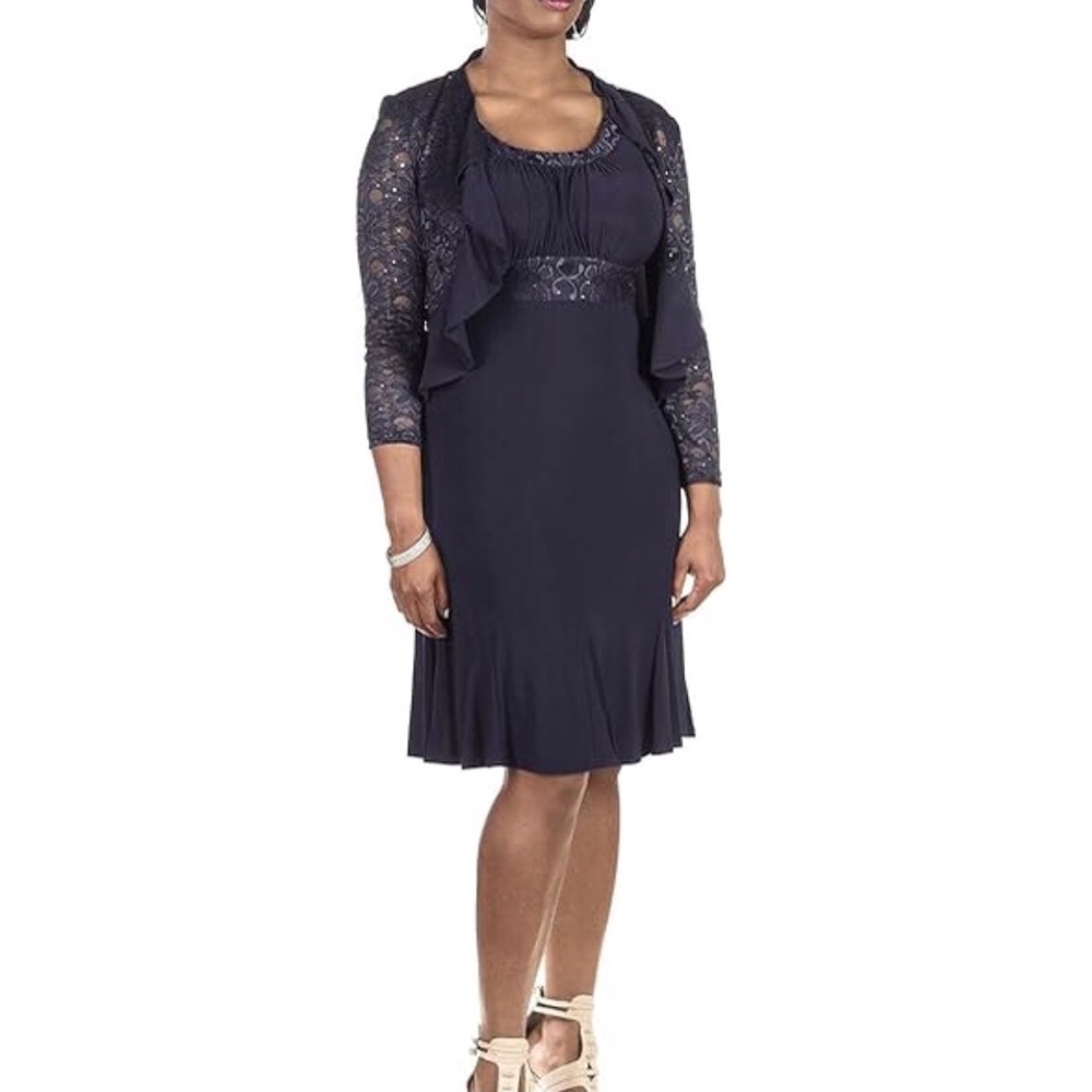 R & M Richards Sequin/Lace Jacket Dress Navy Size 14, EUC
